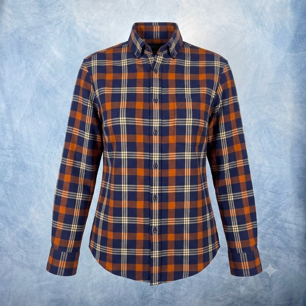 Mizzen+Main Performance Flannel Shirt Mens Medium Trim Fit Plaid Navy Orange